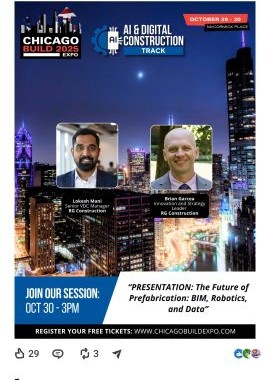 Chicago Build 2025 conference stage — Lokesh Mani presenting on prefabrication and BIM